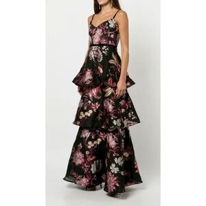 Marchesa Notte Tiered Floral Jacquard Gown Black Burgundy Metallic Gold V-Neck